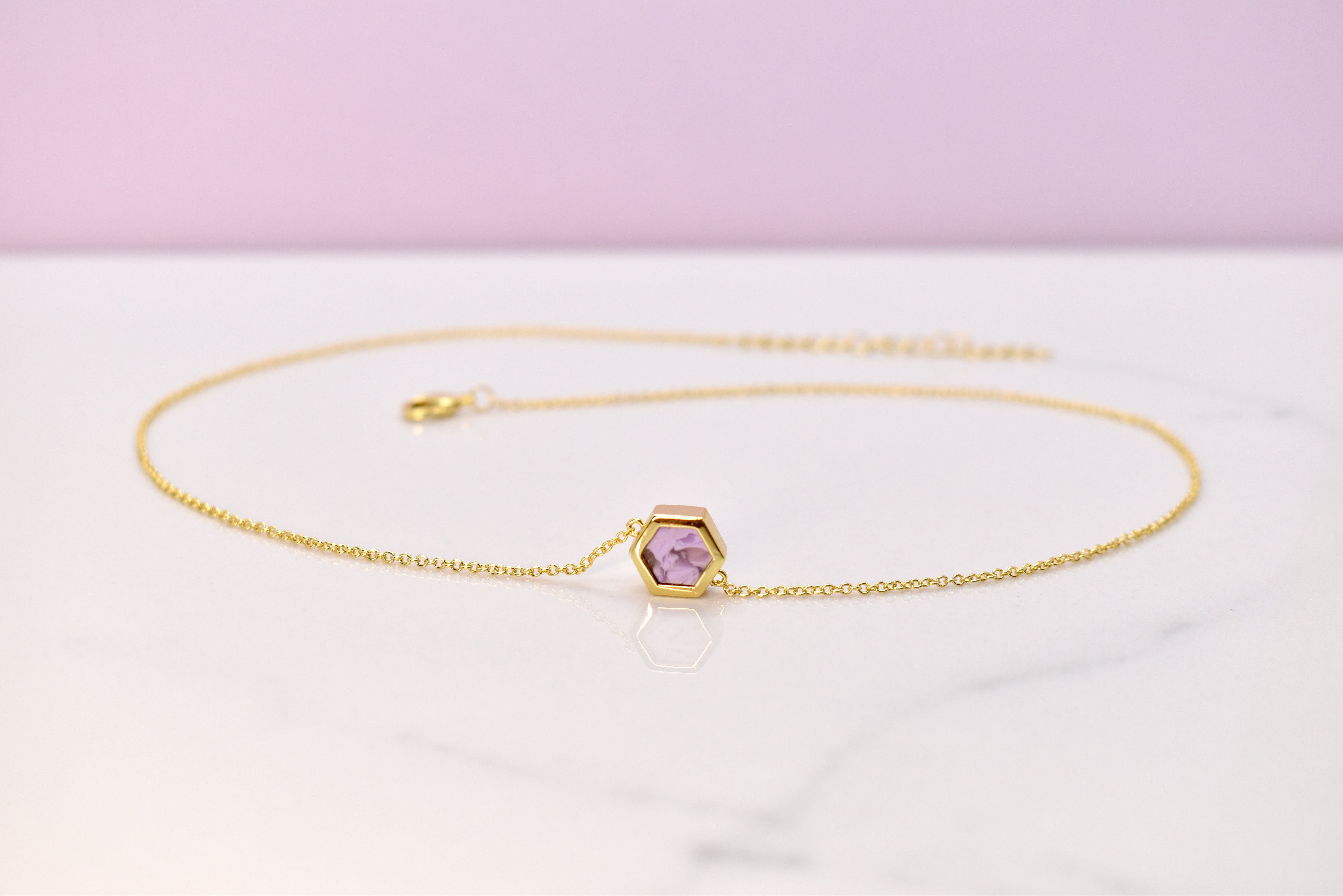 amethyst hexagon necklace 14k gold minimal geometric jewelry short gold necklace