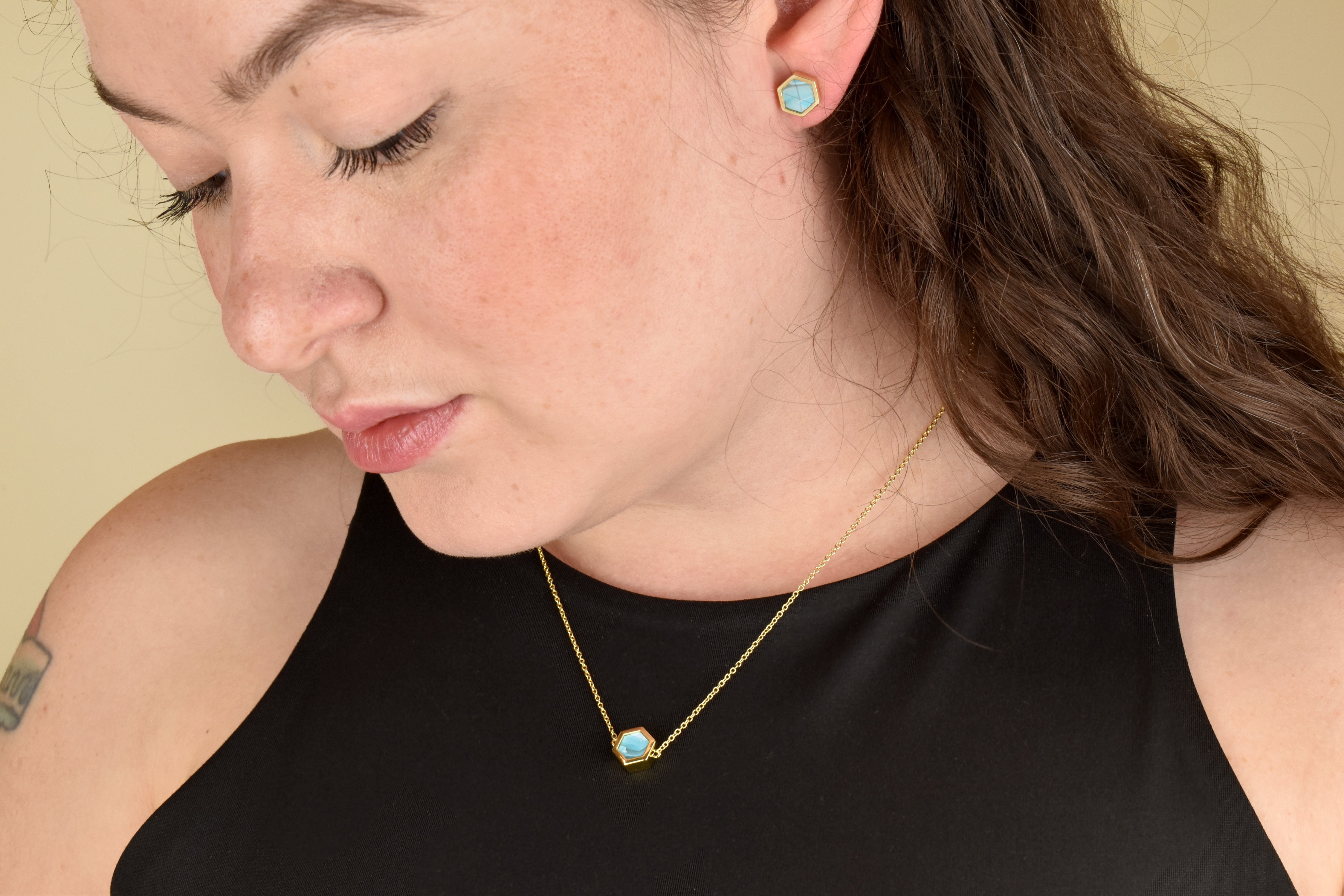 aquamarine necklace geometric 14k gold delicate earring set hexagon necklace gift for Pisces necklace