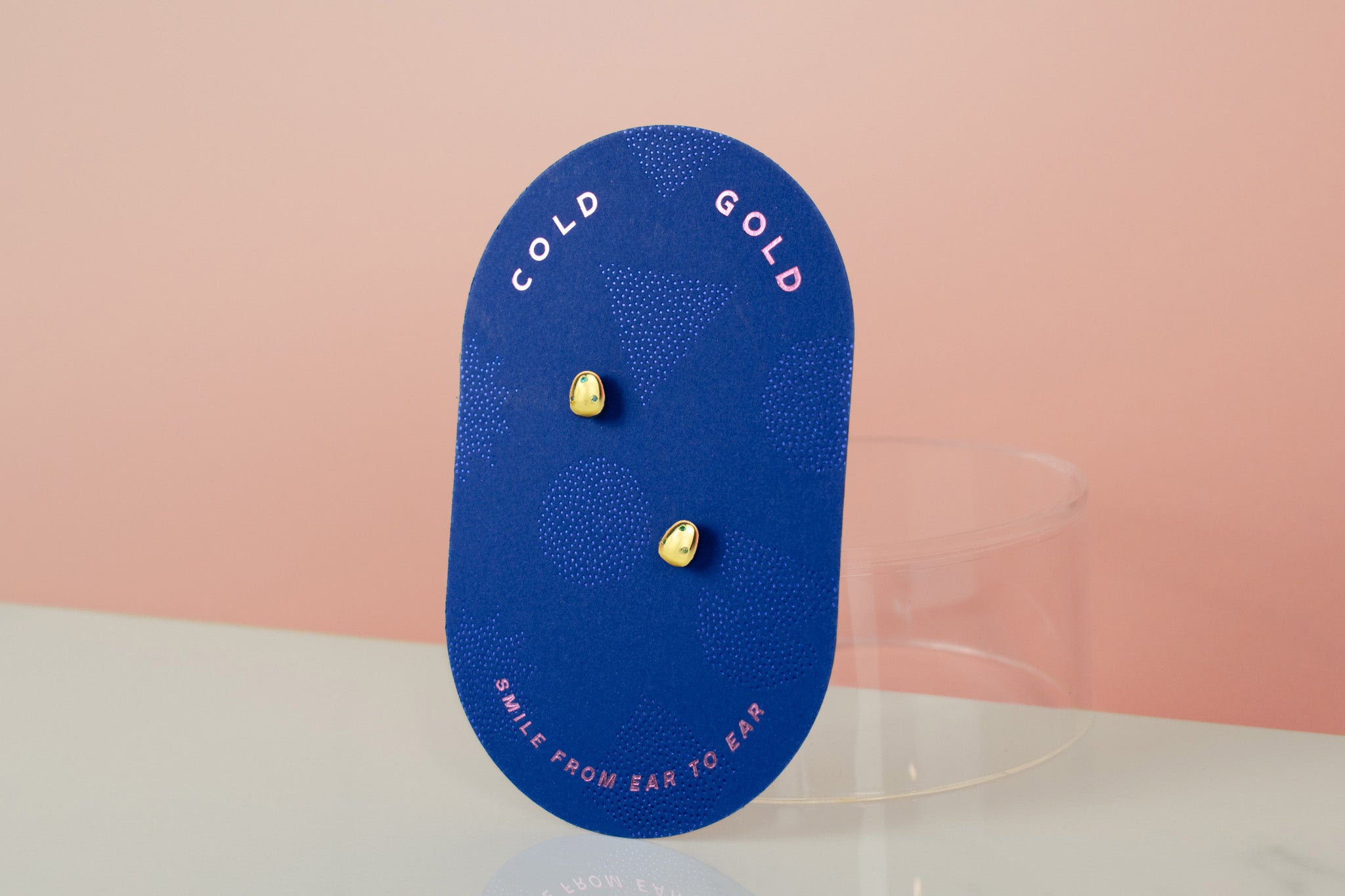 14k gold plated unique pearl studs with multicolored gemstones displayed on blue card
