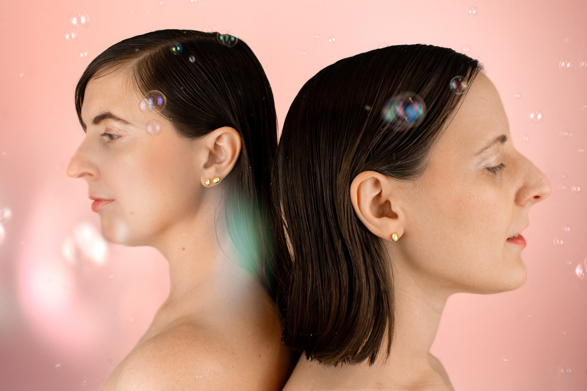 twins modeling 6mm gold pearl earrings embellished with micro colorful gemstones sterling silver posts