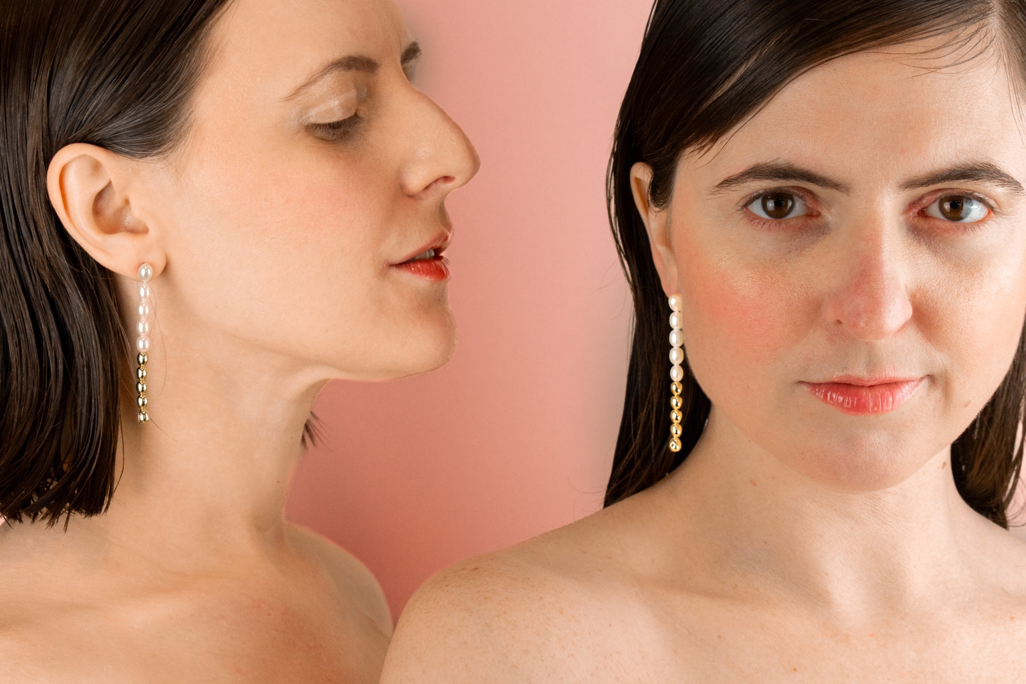 two women modeling baroque freshwater pearl hoop earrings worn down