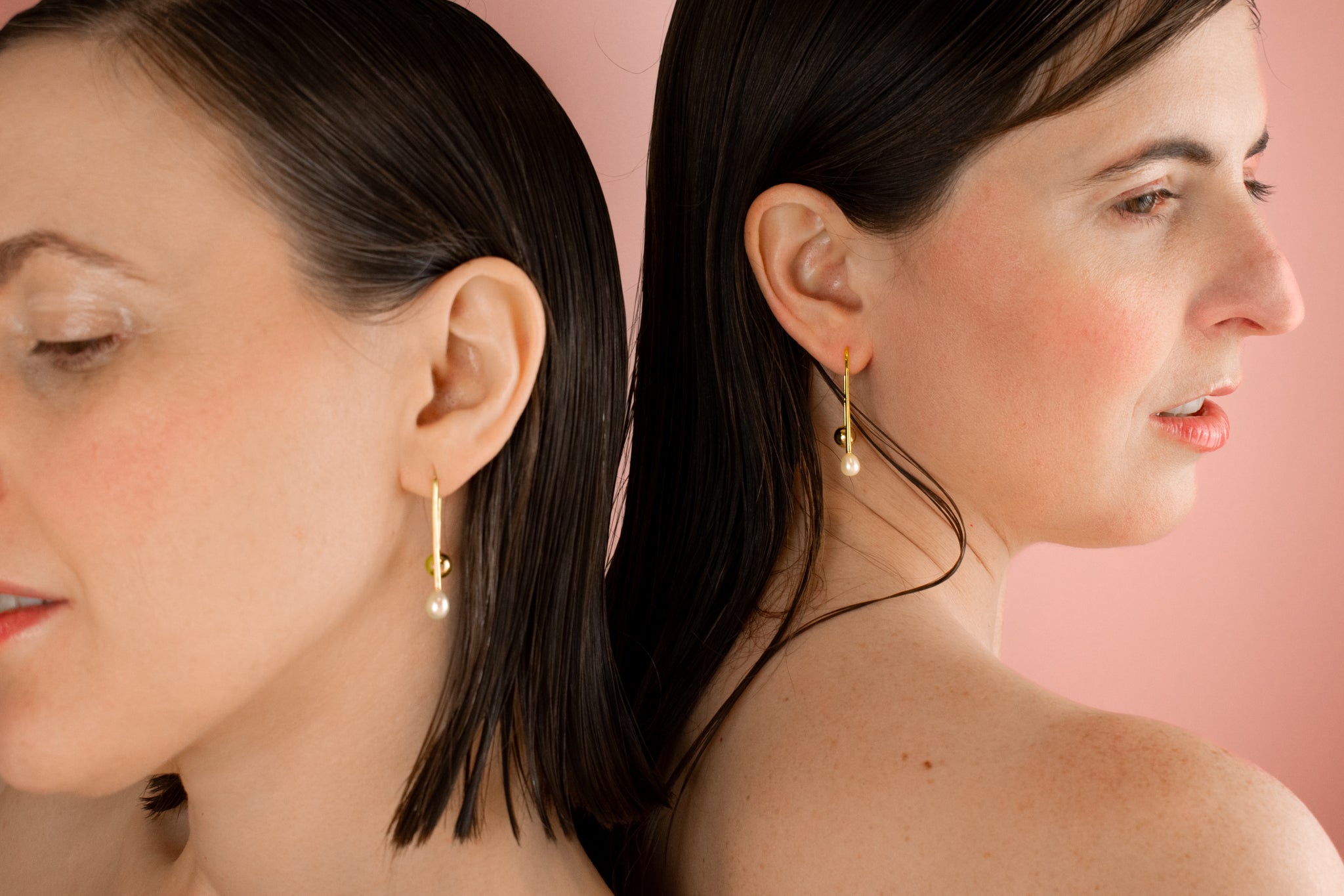 twins modeling simple modern gold long stick dangley freshwater pearl drop earring with screw ball closure