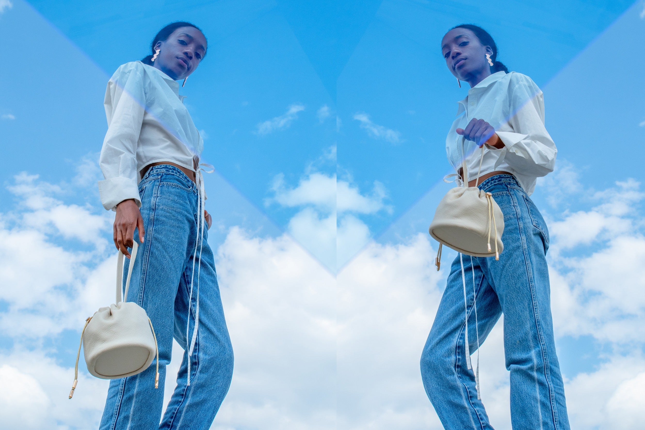 model posing with pebble grain drawstring bone white ivory cute mini bucket bag