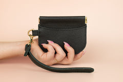 genuine leather card holder wristlet, pebble grain black leather card pocket small wallet