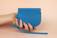 matisse blue small leather card wallet with exterior card pocket and gold hardware