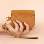 small brown genuine leather neutral card case with matching knot keychain wristlet