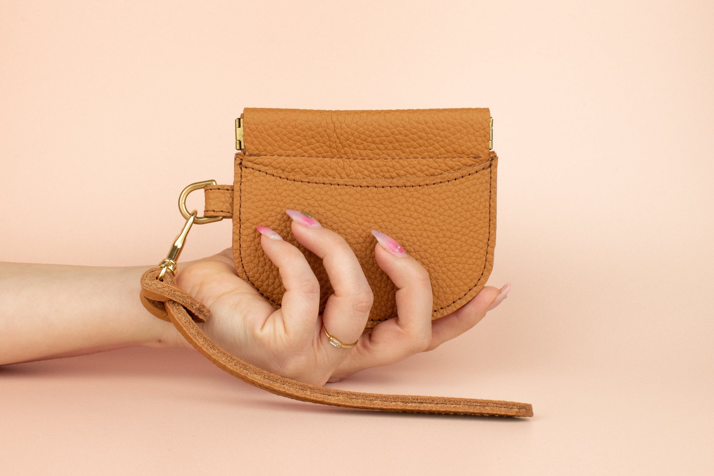 small brown genuine leather neutral card case with matching knot keychain wristlet