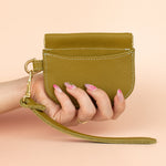 small olive green leather card wallet wristlet with pocket and goldware