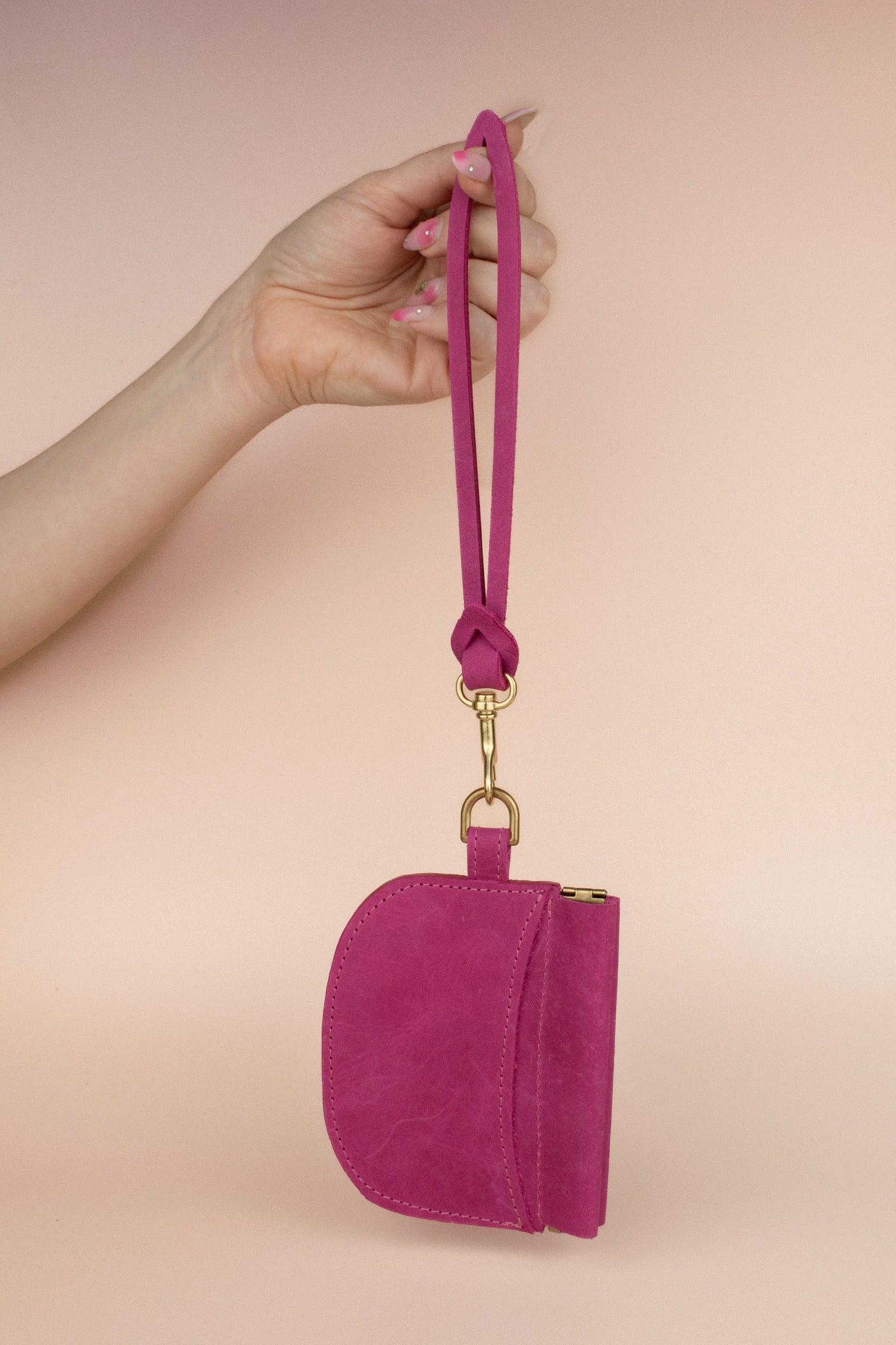 magenta pink slim modern cardholder nubuck leather wristlet keychain gift for her