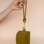 olive green leather wristlet wallet with exterior pocket and detachable modern strap keychain 