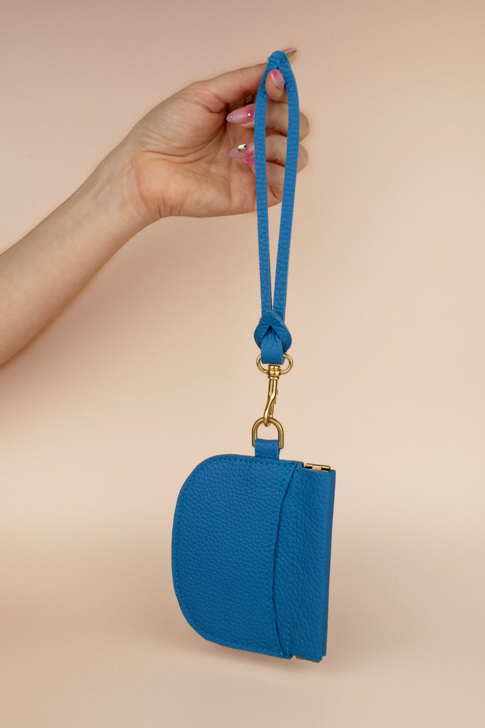small leather women's wristlet in matisse blue with detachable keychain attachments, small card case gift for third anniversary