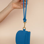 small colorful leather wallet wristlet with matching keychain attachment, great for travel