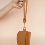 small brown leather wristlet wallet with detachable matching knot keychain strap