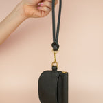 modern black leather wristlet wallet with detachable keychain and gold hardware, gifts for her
