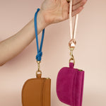 two colorful modern leather card wallets with exterior card pocket and detachable knot keychain straps