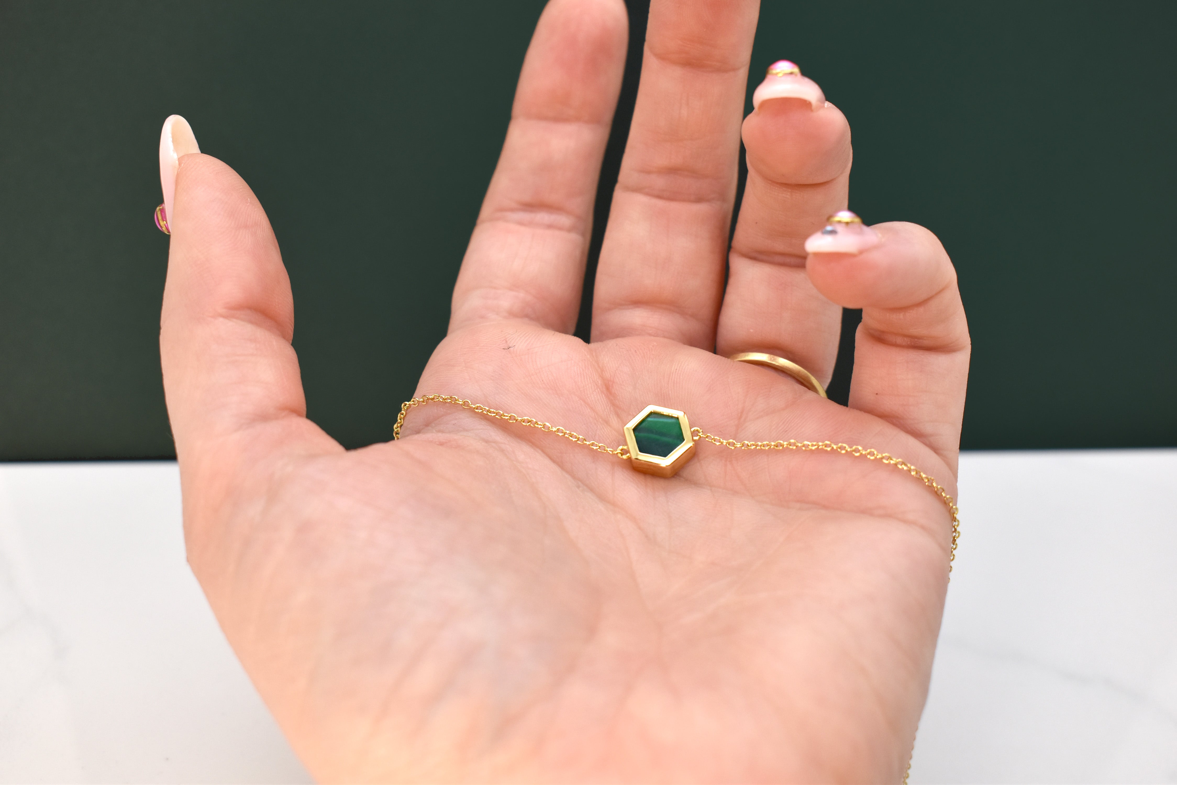 emerald necklace hexagon geometric jewelry polymer clay jewelry marbled 14k gold delicate necklace adjustable