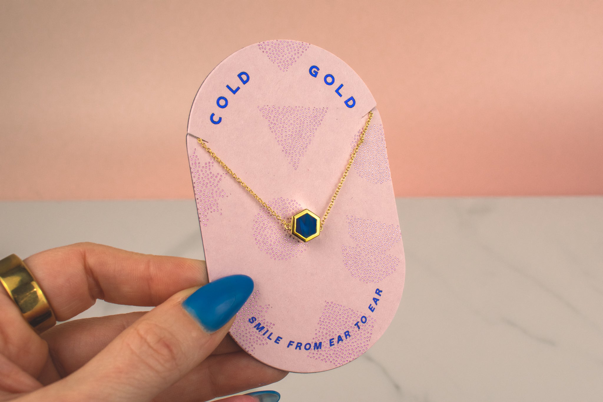 modern delicate blue sapphire hexagon gemstone inspired necklace september birthstone gift