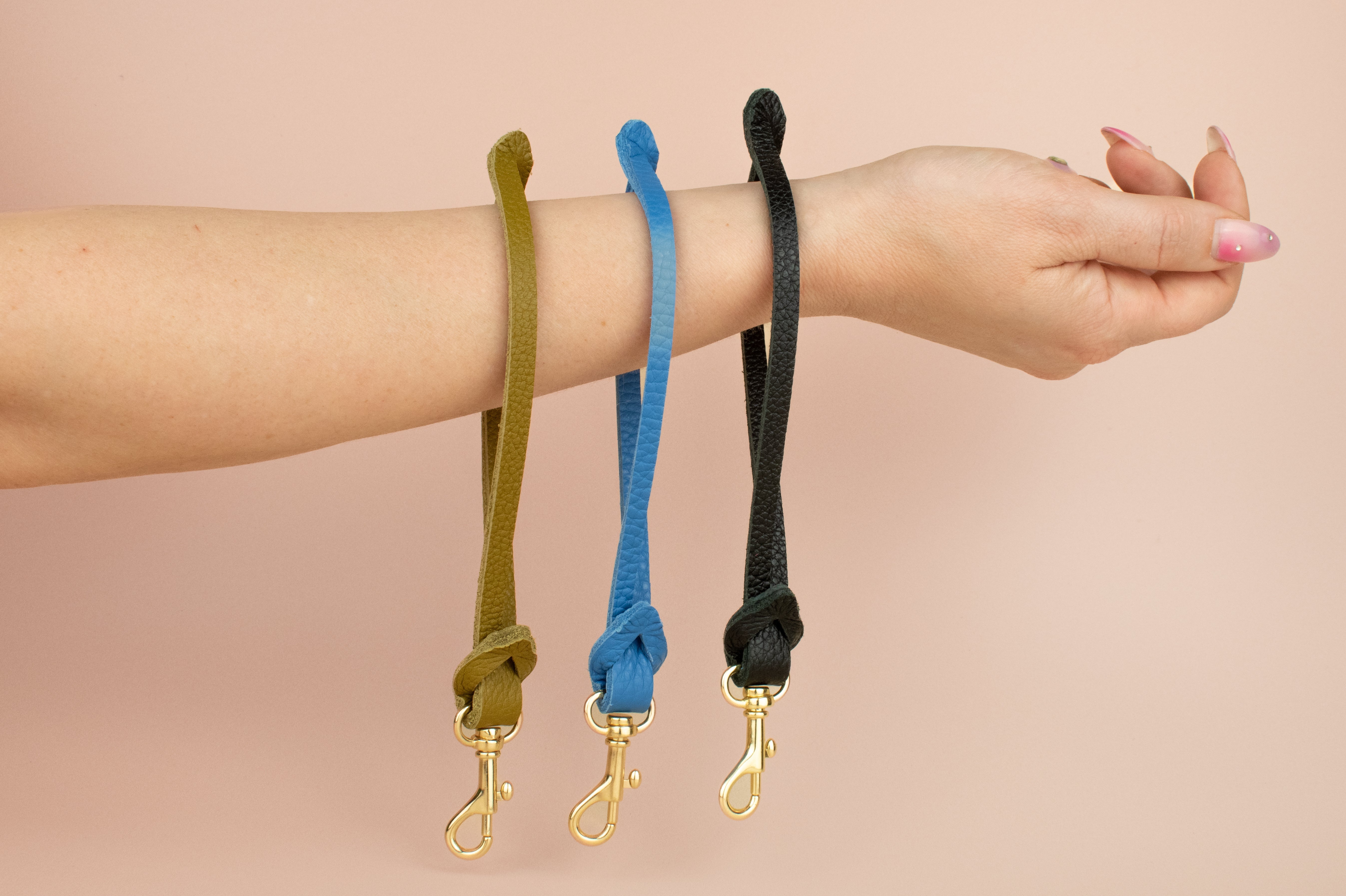 olive keychain, bright blue leather wristlet, black modern keychain by cold gold