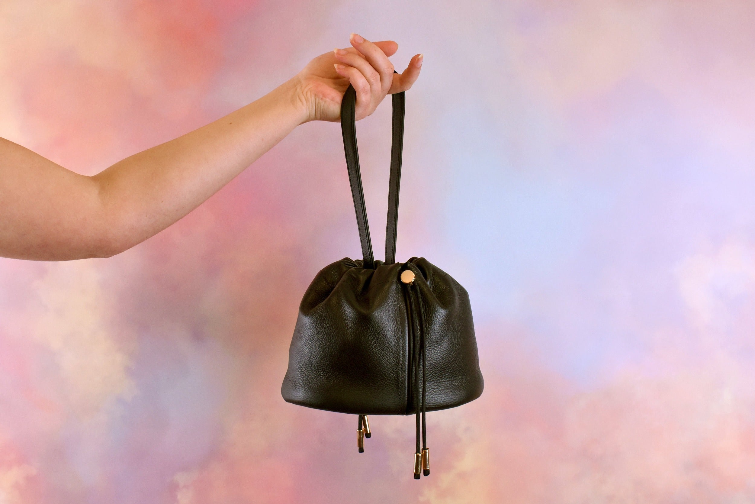 cute mini pebbled leather cinched drawstring black handbag 