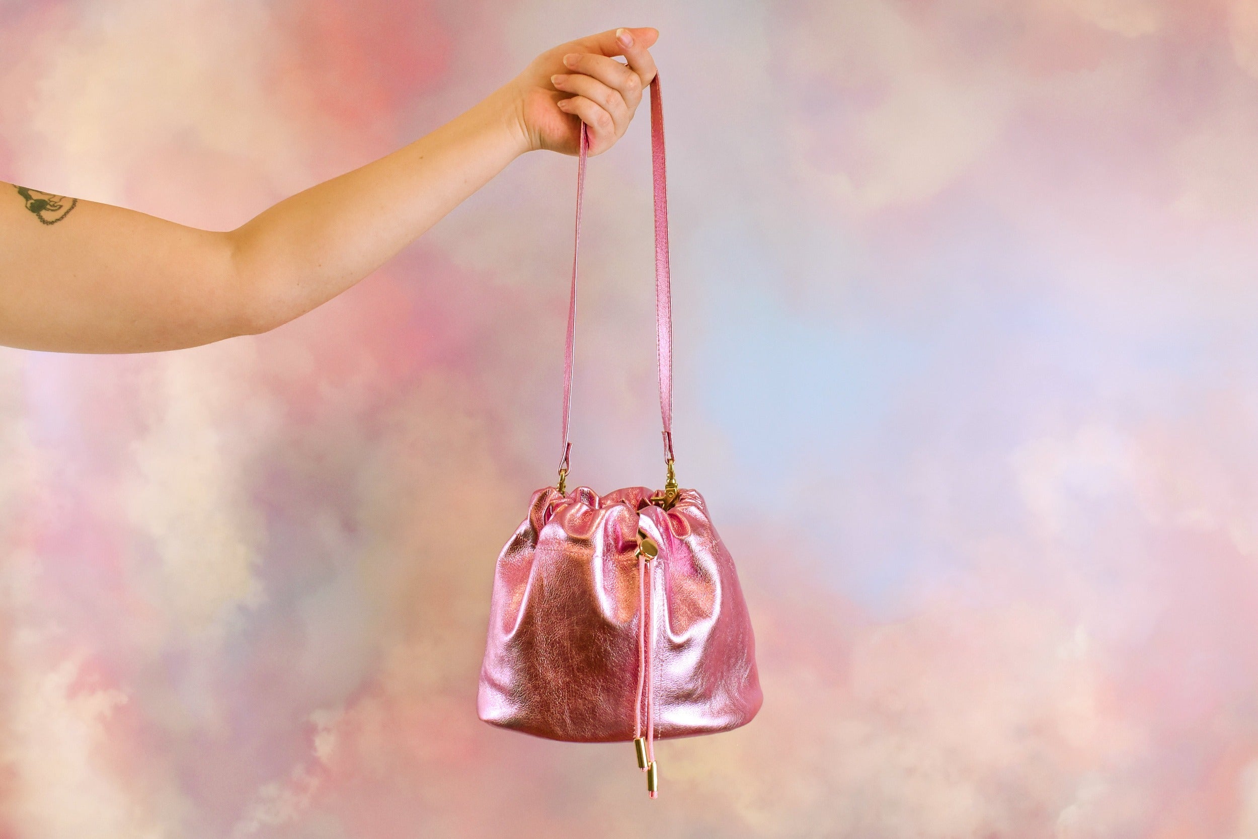 shiny pink leather stylish medium sized bucket bag gift for girlfriend