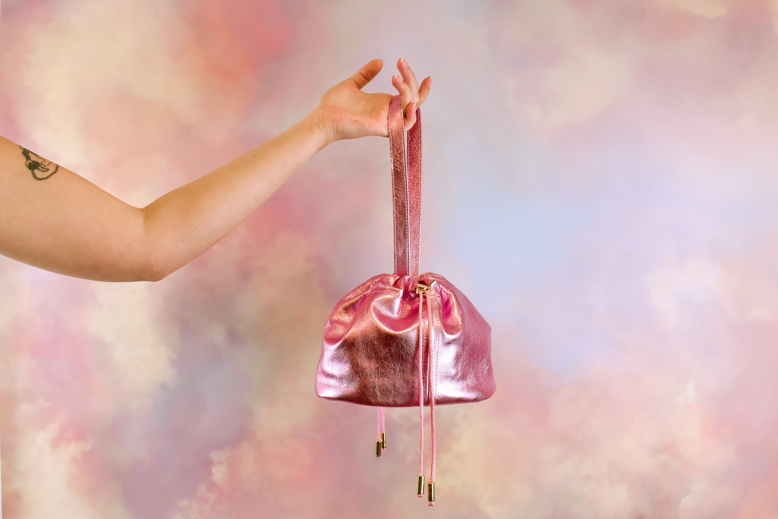 everyday barbie pink scrunch top cute mini shoulder bag drawstring closure gold hardware