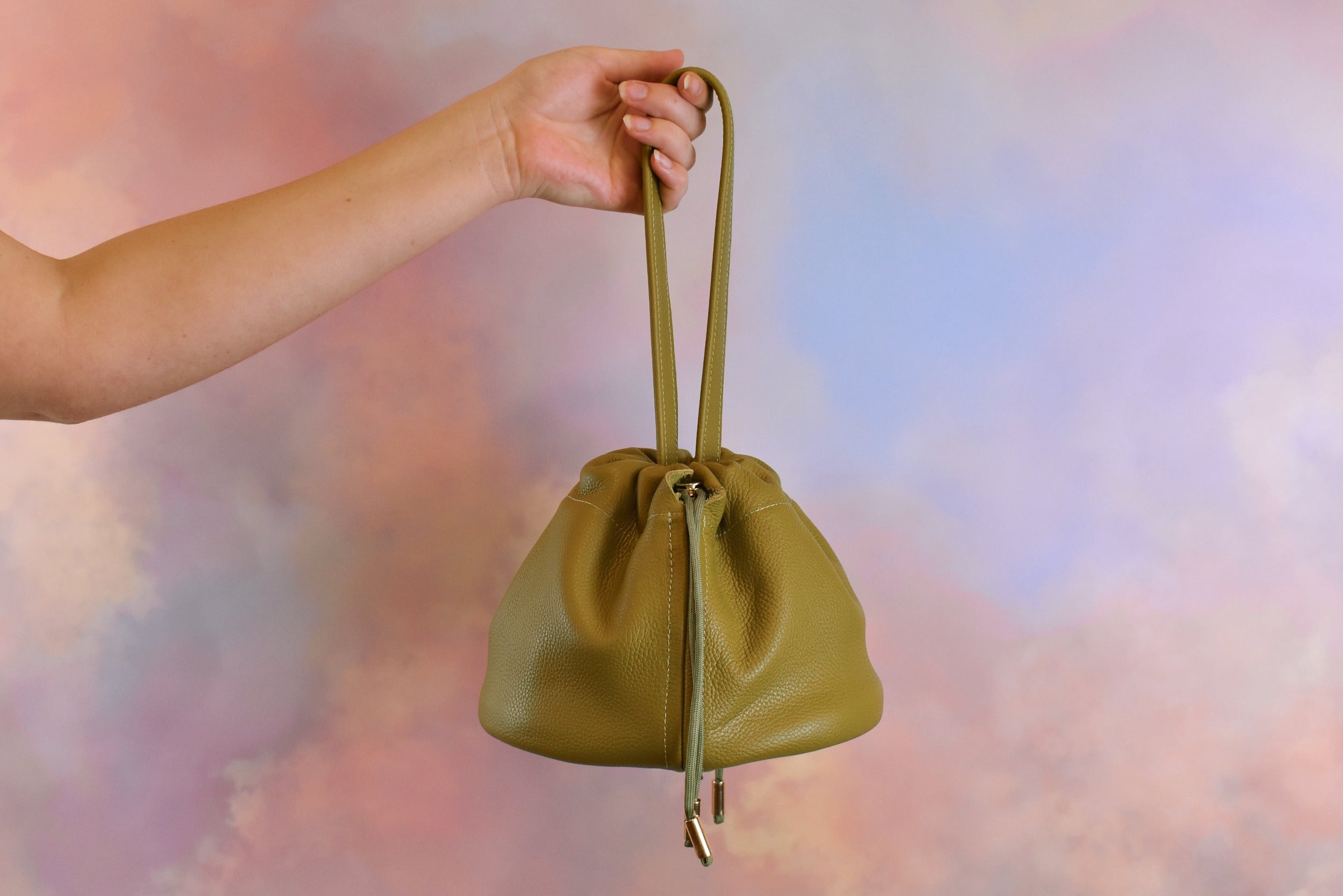 pebbled olive green leather everyday versatile handbag scrunch top