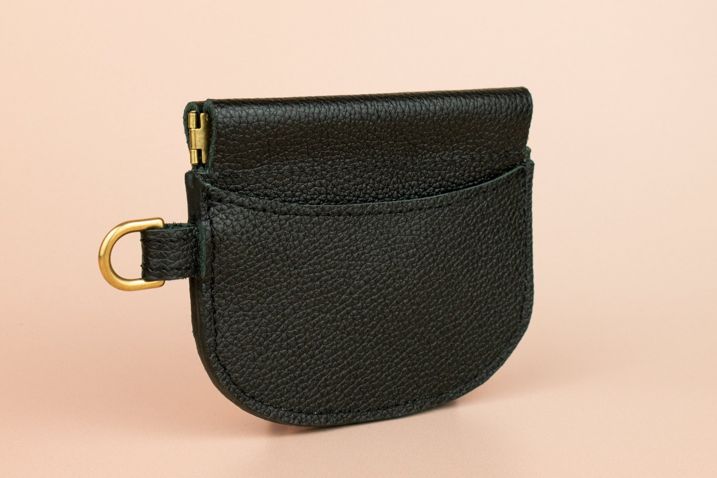 small simple black leather wristlet wallet with gold hardware by cold gold