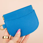 bright blue pebble grain slim leather handmade wallet with gold hardware