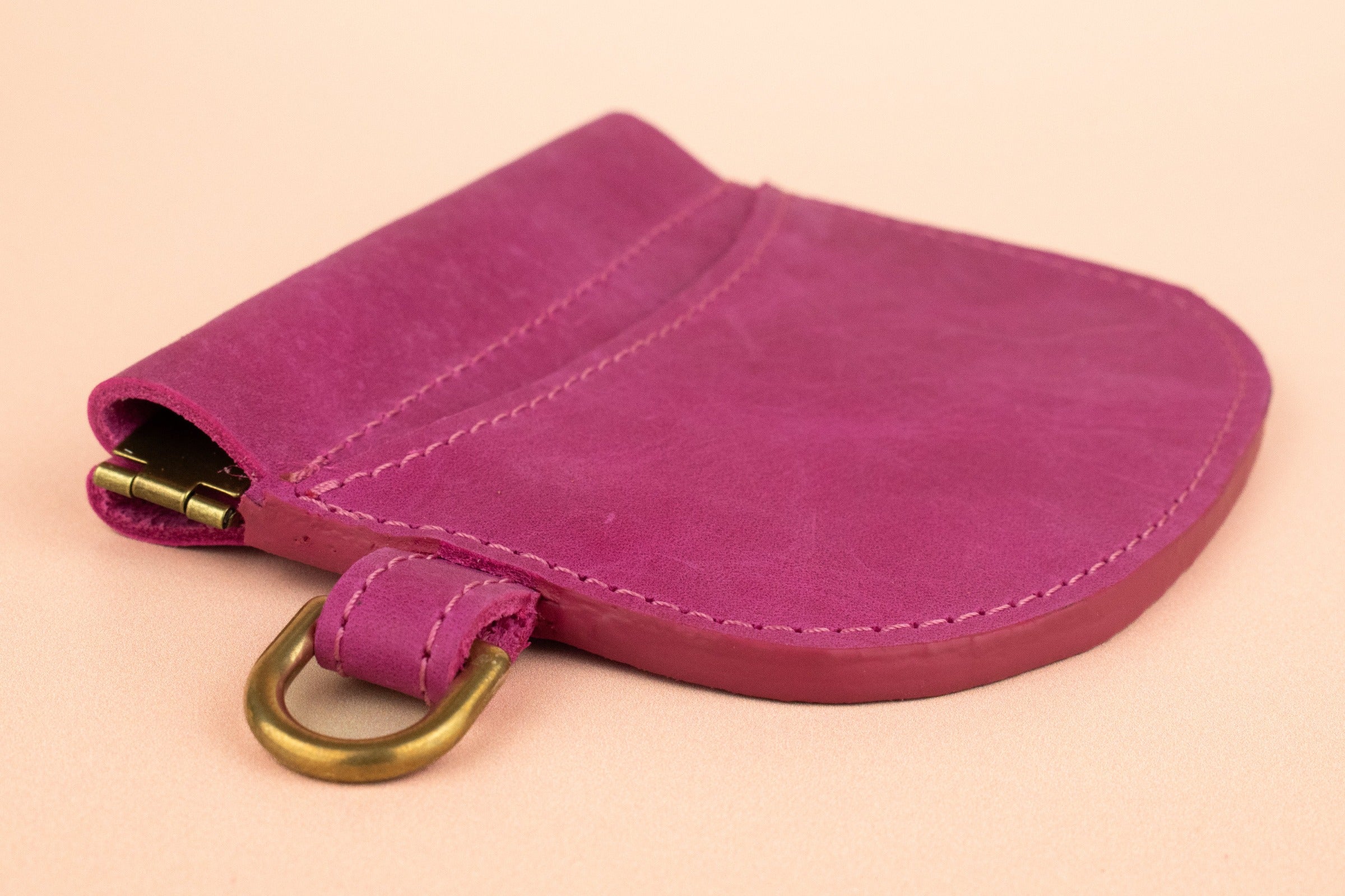 slim barbie pink handmade nubuck wallet with squeeze clasp closure