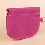 slim handmade nubuck leather wallet card case in magenta pink, squeeze clasp closure
