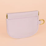 back side of lilac card wallet with gold hardware for attaching keys and snapping open and closed