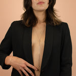 model wearing long modern sterling y chain bolo with adjustable slider bead