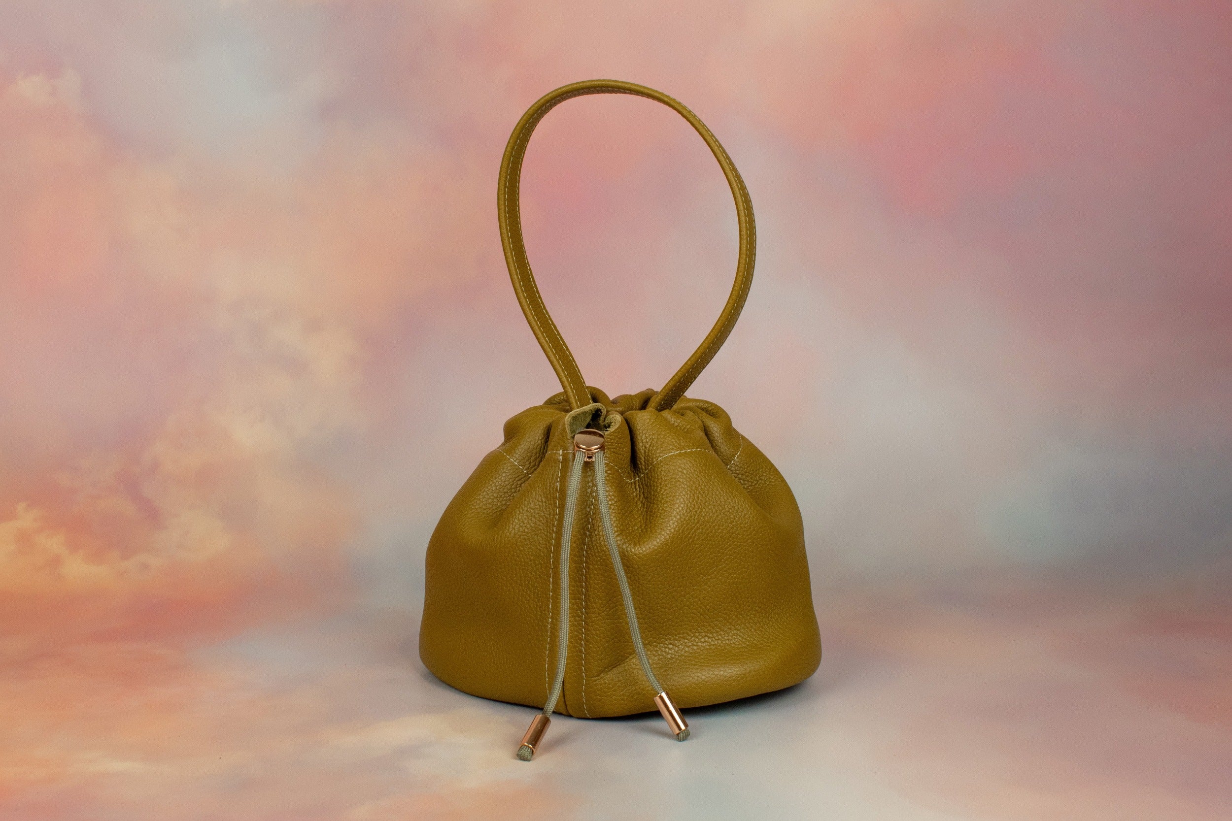 high end olive green pebbled leather drawstring handbag gift for girlfriend