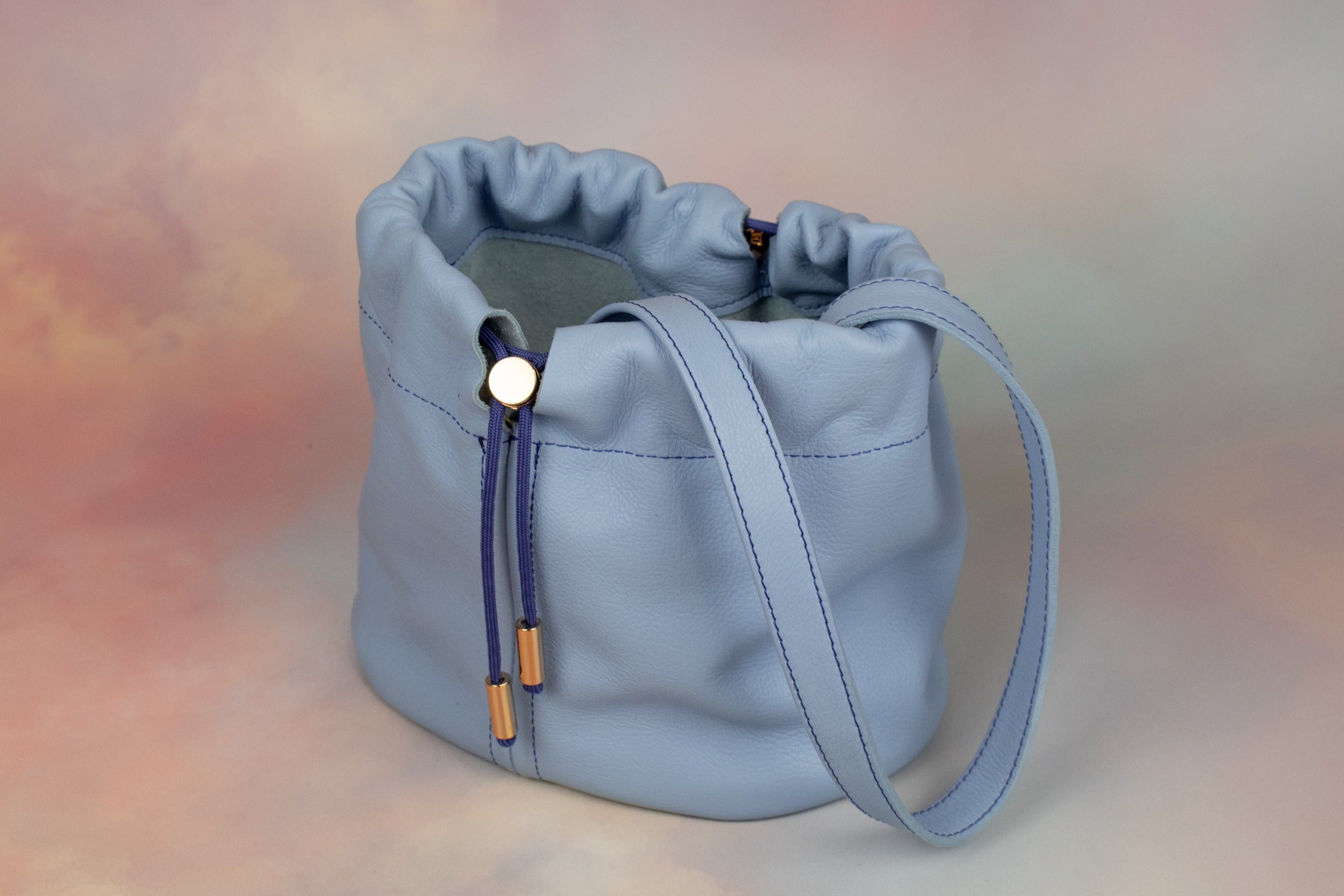 periwinkle bag with ruched drawstring closure
