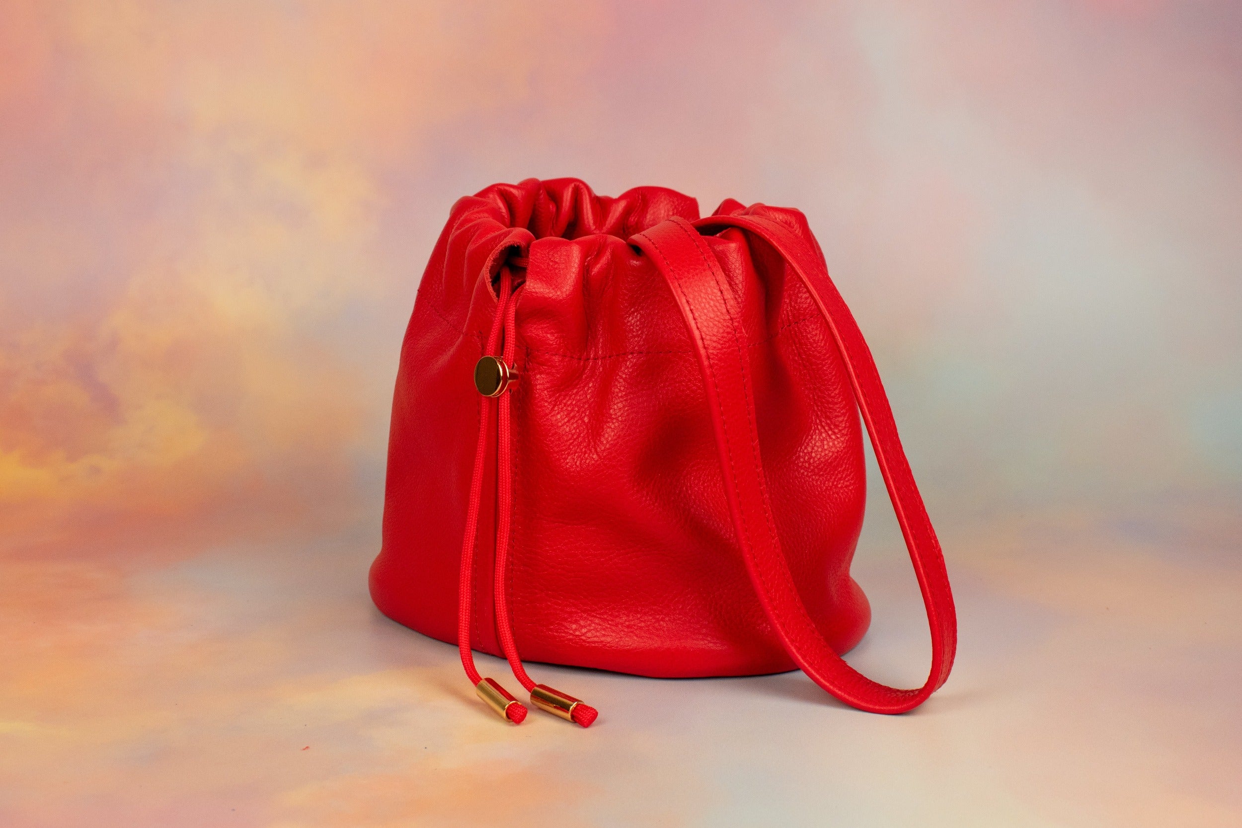 handmade cherry red pebbled cute mini leather shoulder bag scrunchie top gold hardware