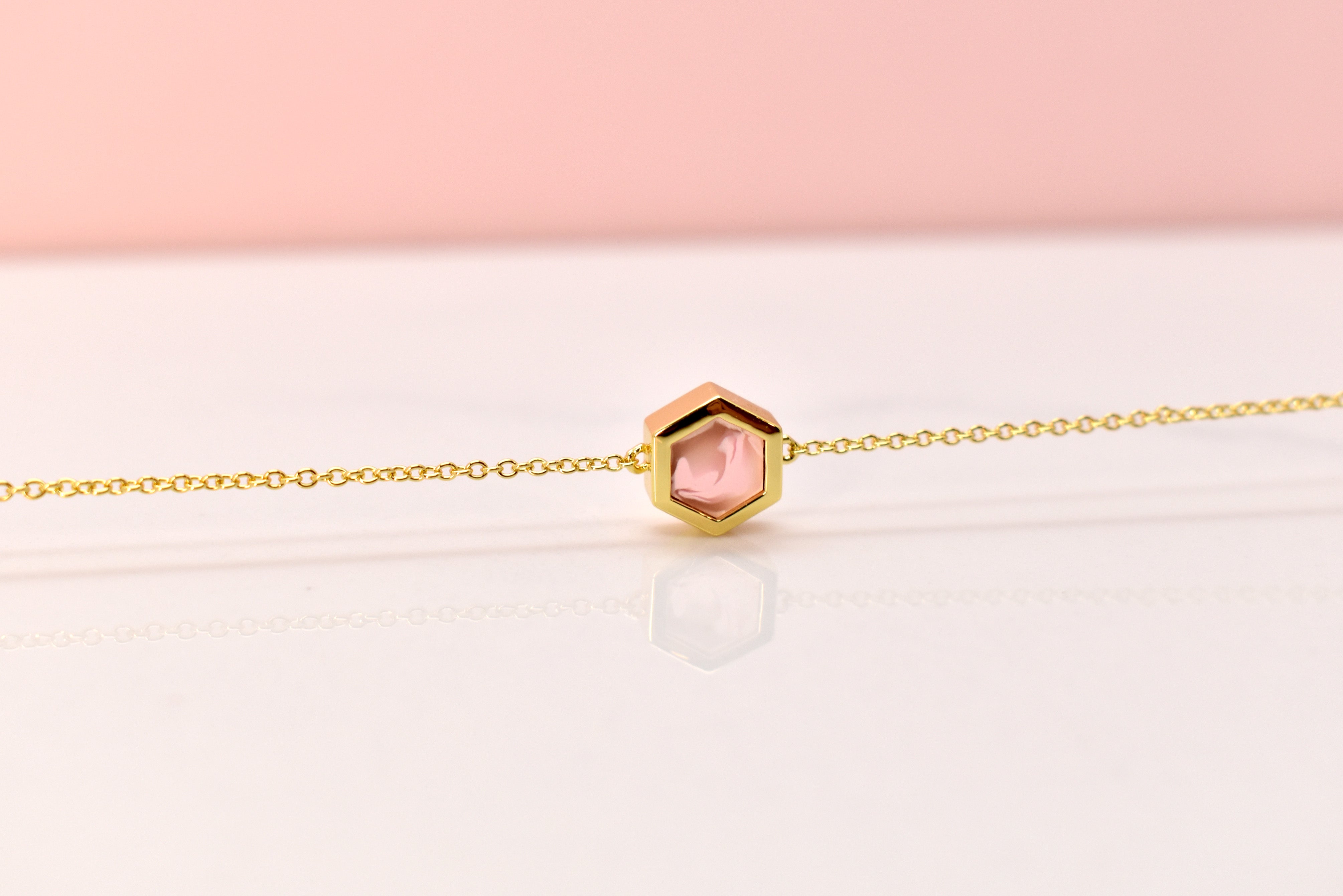 rose quartz clay necklace hexagon geometric jewelry dainty hexagon necklace 14k gold delicate necklace gold fill jewelry