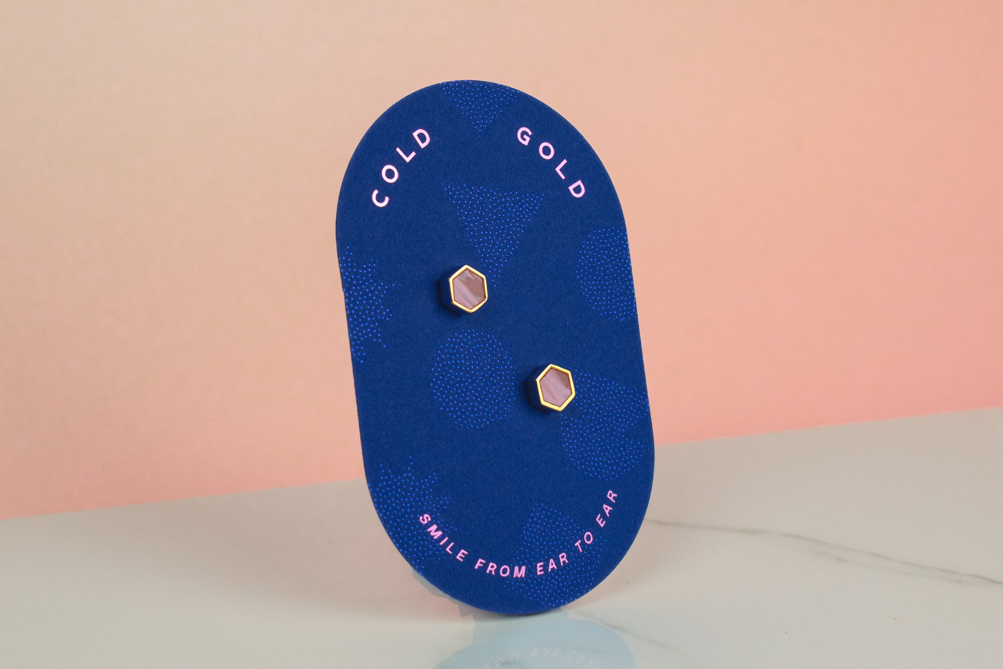 blue cold gold card with pink marbled poylmer clay modern earrings 14k gold plated