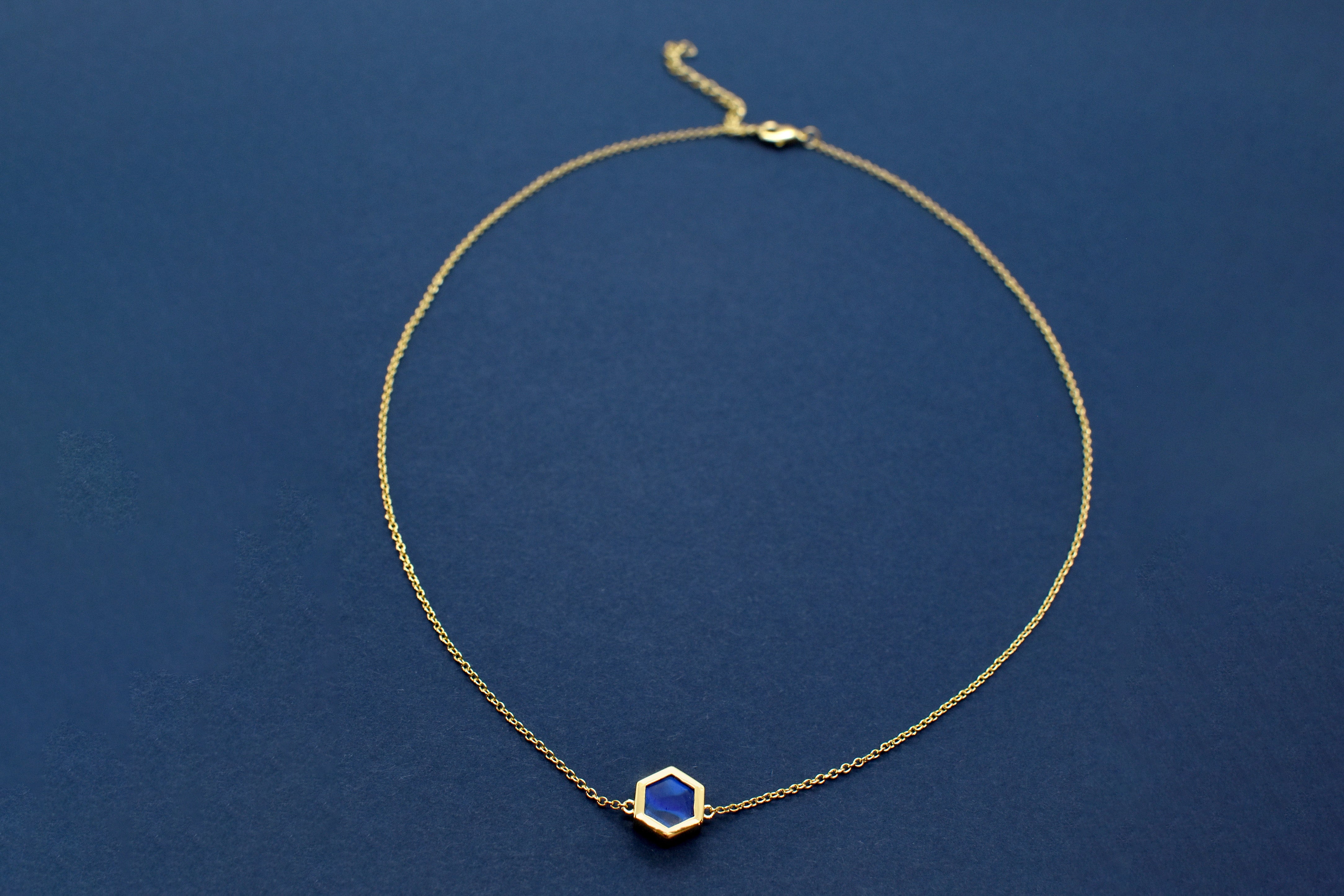 sapphire hexagon necklace geometric jewelry polymer clay marbled dainty delicate necklace 14k gold fill