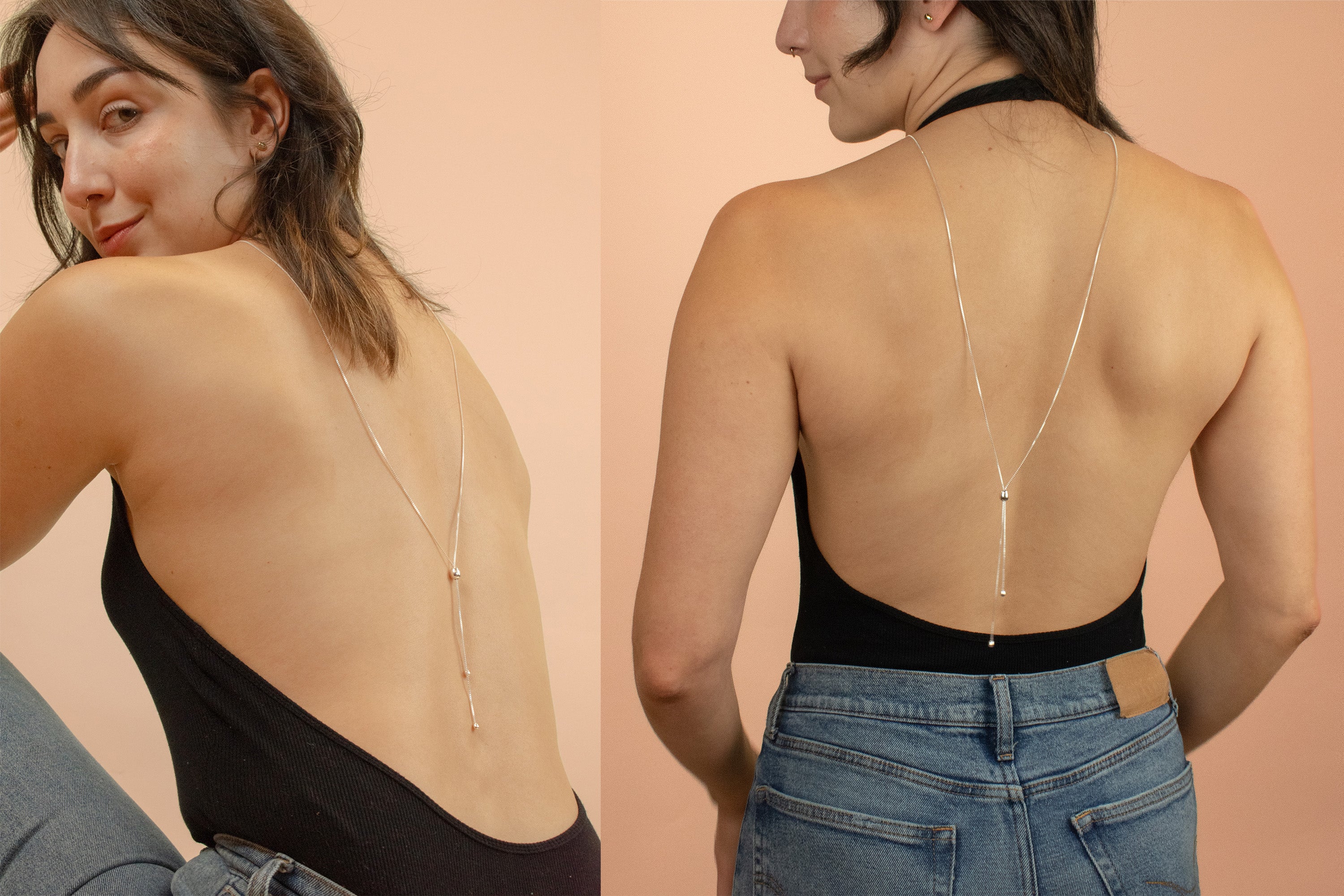model wearing backless bodysuit displaying long sterling silver lariat chain necklace down back