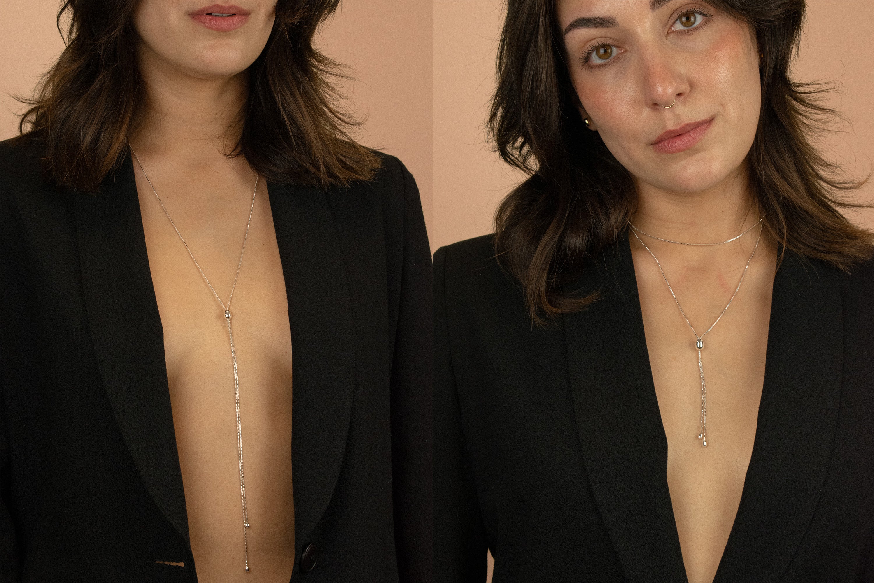 sterling silver bolo y chain necklace with adjustable silver sliding bead and double drop pearls