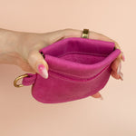 colorful safe travel wallet, squeeze closure cardholder in pink leather