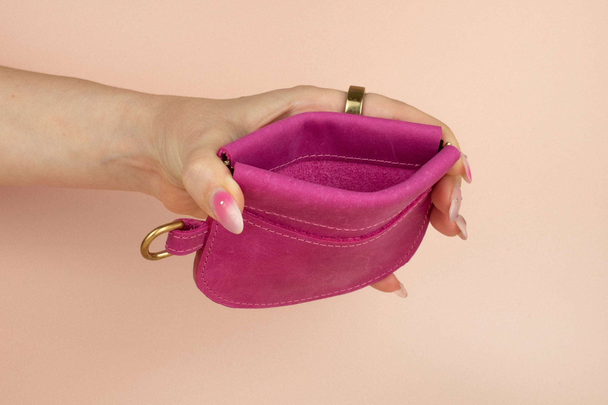 colorful safe travel wallet, squeeze closure cardholder in pink leather