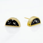 14k gold plated half moon earrings with matte black and contrasting chips of white clay in terrazo design
