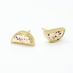 14k gold-plated moon earring handmade with white clay and flecked with specks of black gray and brown
