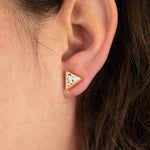 close up of everyday white polka dot earrings in 14k gold