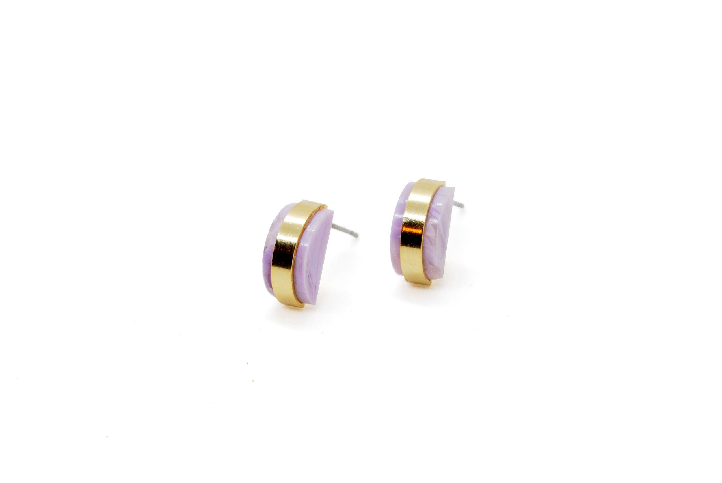 amethyst purple and gold geometric studio stud earrings.