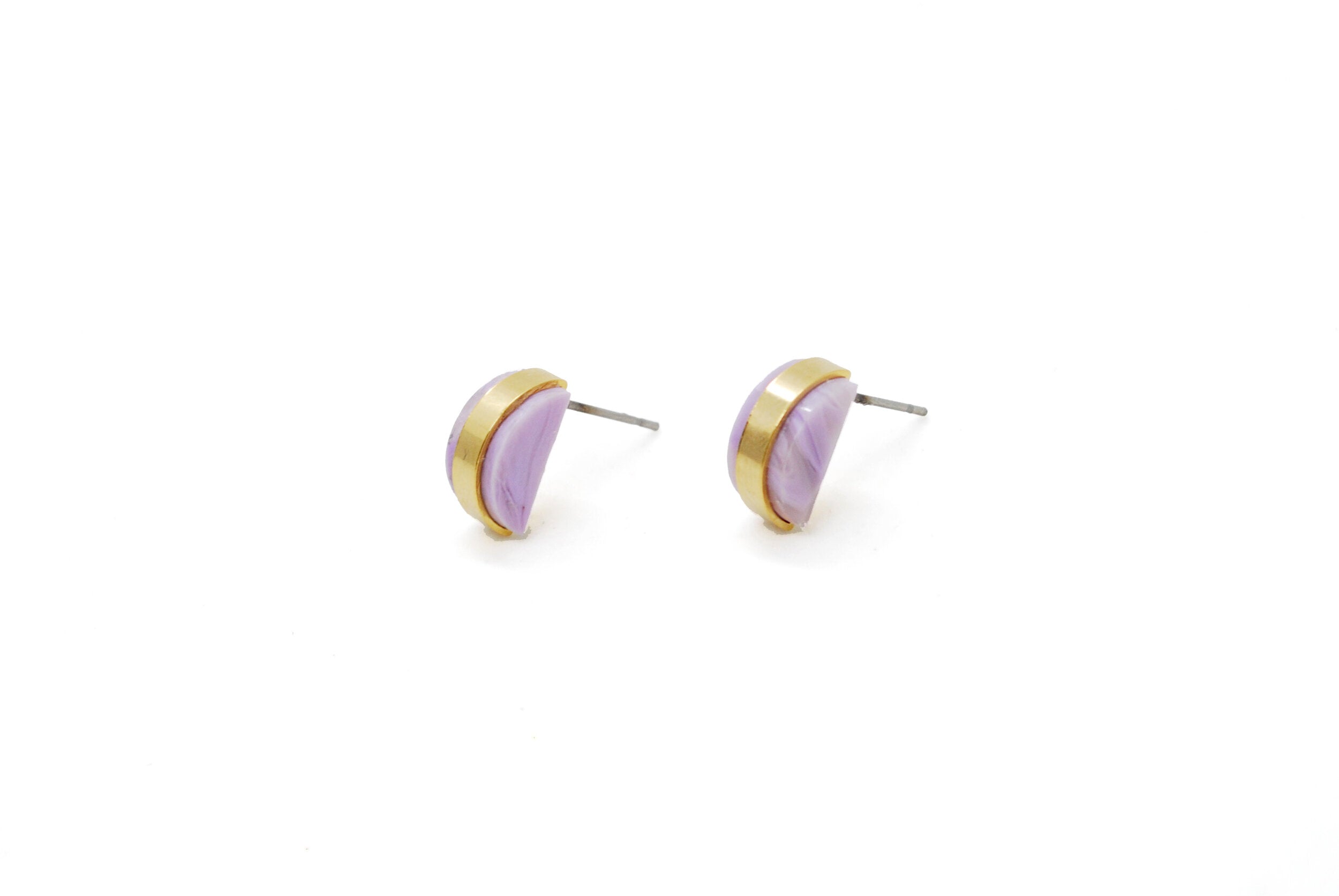 gold half-moon geometric shape studs in amethyst marble.