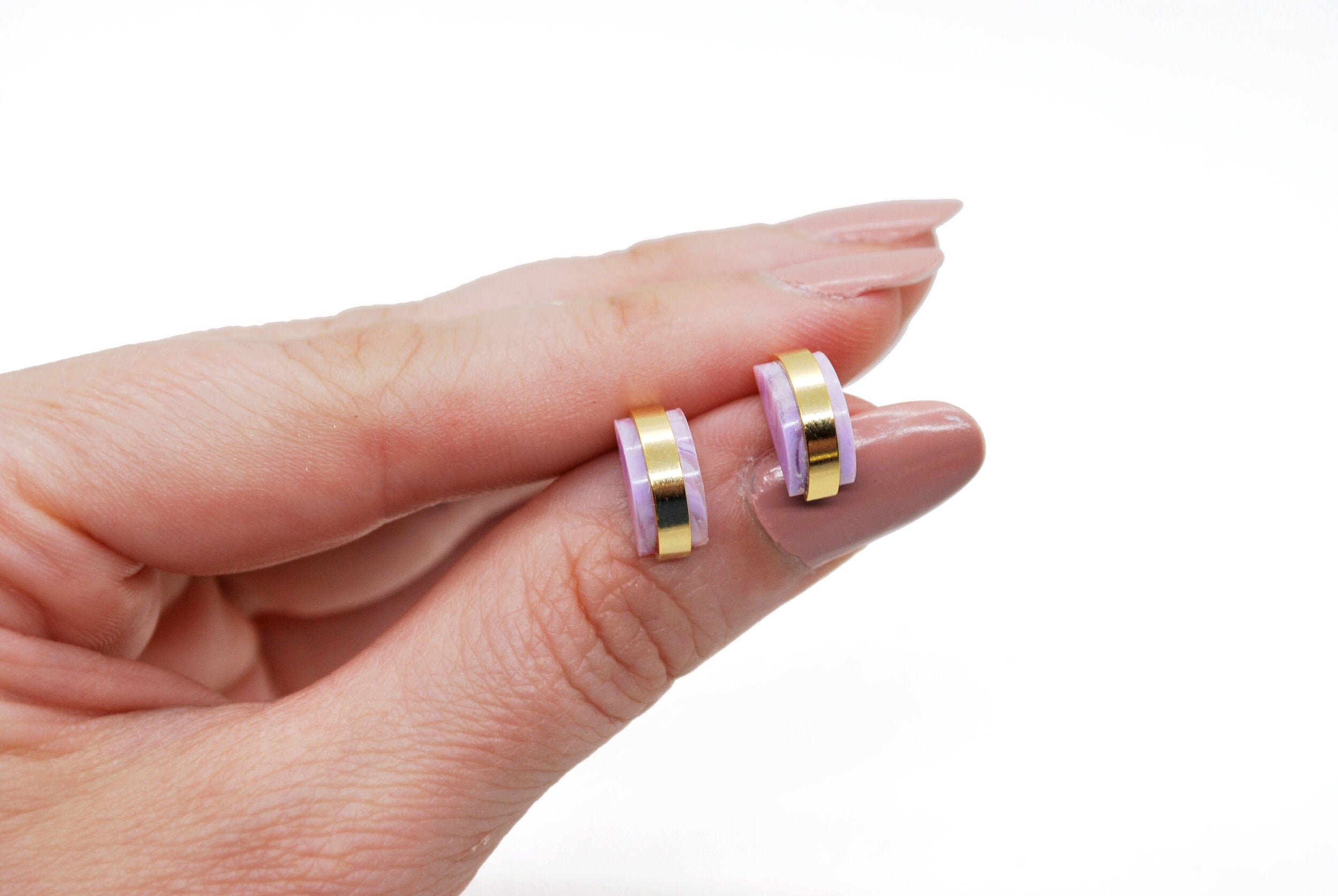 celestial art deco jewelry earring set in pastel purple and gold.