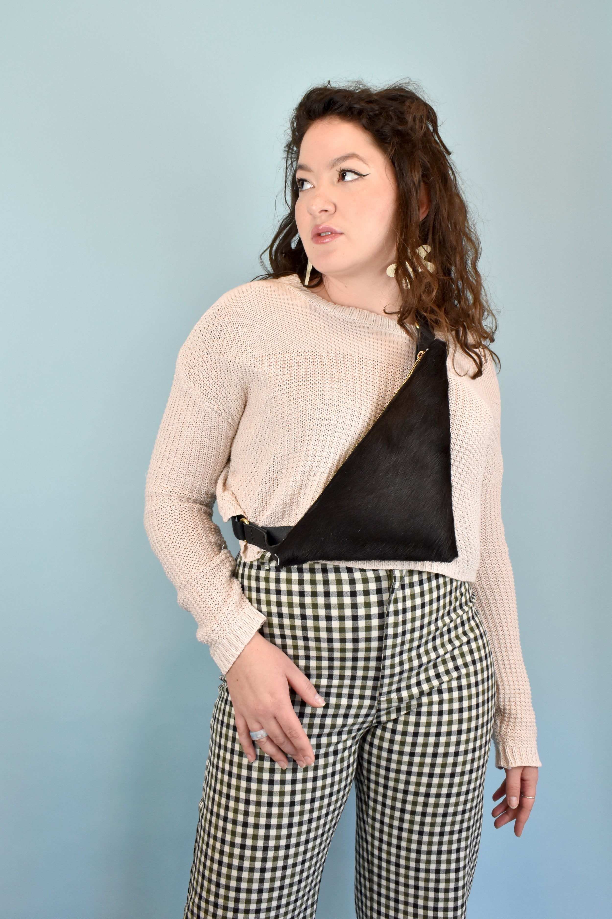 black hair on hide crossbody leather sling bag