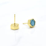 small gemstone inspired earrings in aquamarine and gold hexagon studs march birthstone jewelry earrings